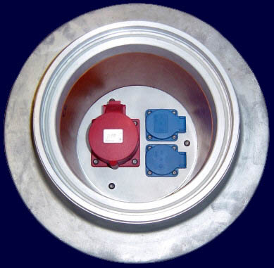 Outdoor floor socket, CEE and single-phase socket module Floor socket for marketplaces, railroad stations, ports, schools, governments